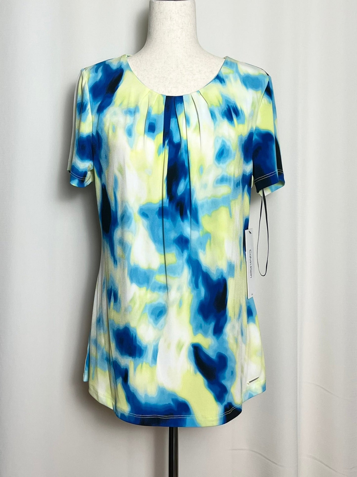 Calvin Klein Women's Knit Stretch Printed Pleated Short Sleeve Top