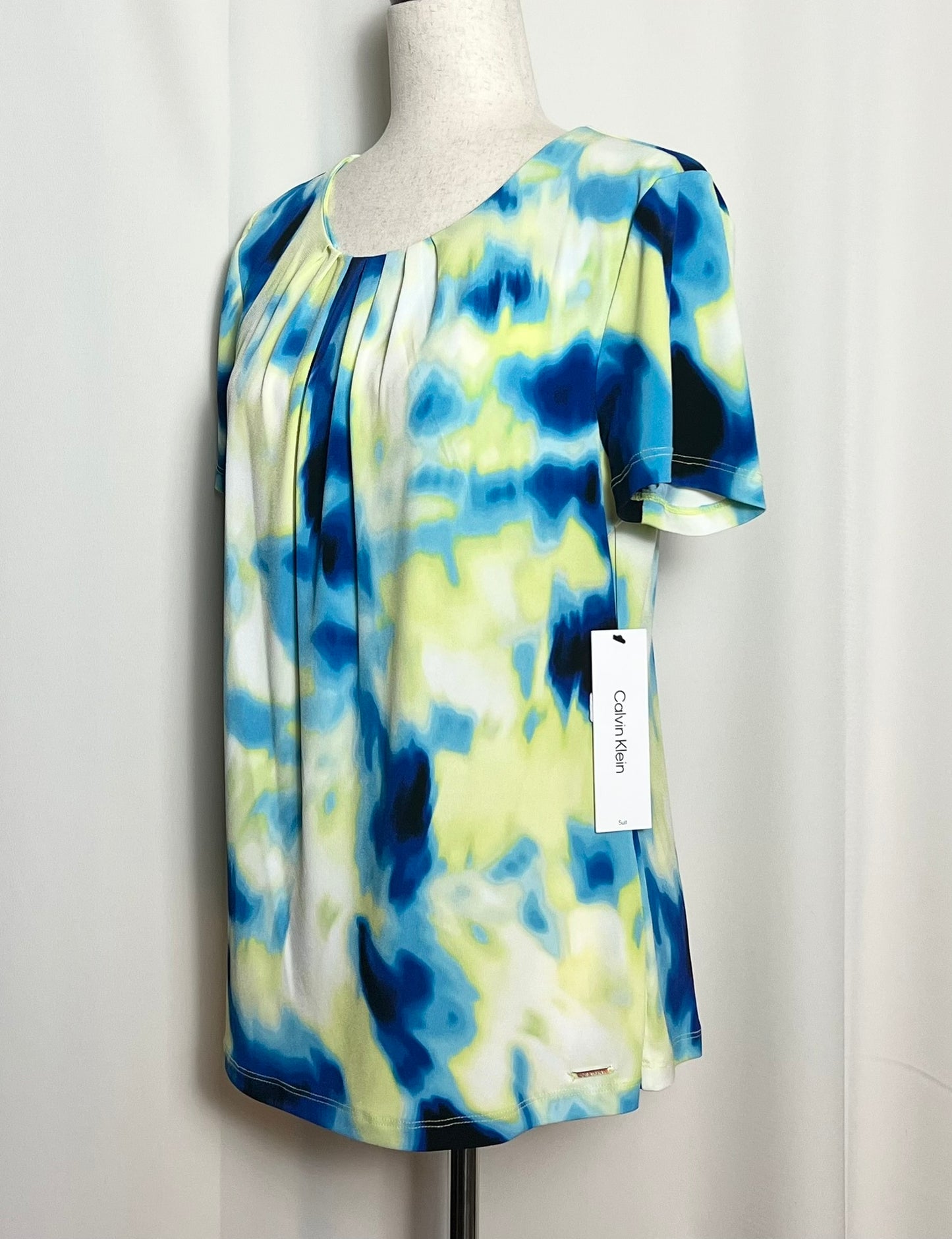 Calvin Klein Women's Knit Stretch Printed Pleated Short Sleeve Top