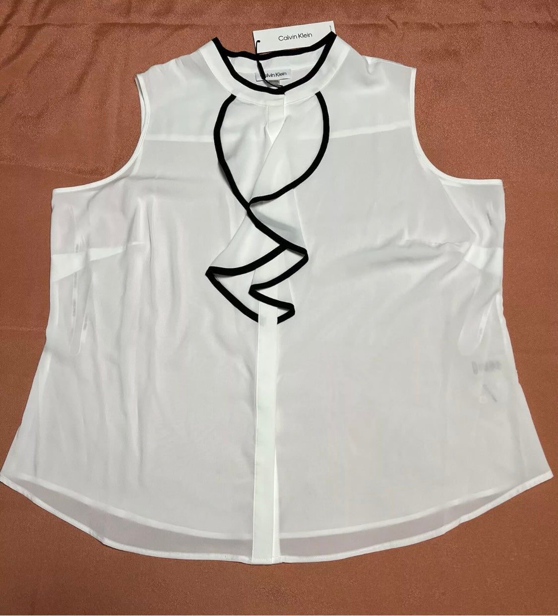 Calvin Klein Women's Plus Size Piped Ruffled Sleeveles Blouse